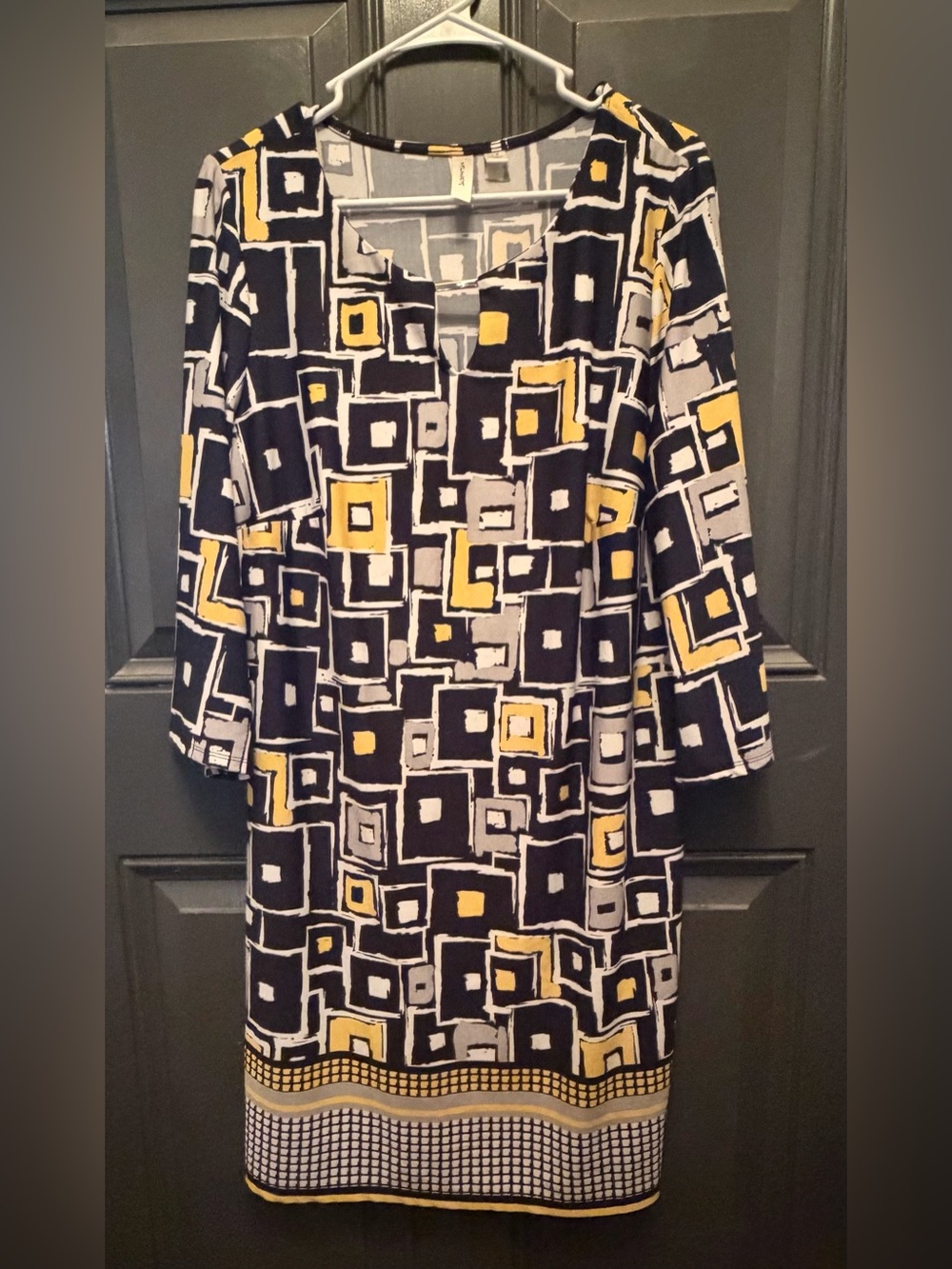 Tacera-  Black, White & Yellow Geometric Dress - Size 1X